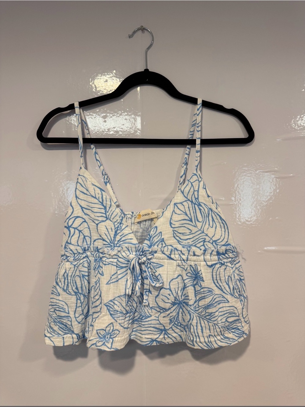 Ocean Drive tie front Light Blue Floral Spaghetti Strap Peplum Top